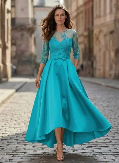alina formal illusion lace a-line dress Missacc Ocean Blue Mother Of The Bride Dresses A-Line Illusion Neck Satin Mother Of The Bride Dresses With Appliques Lace