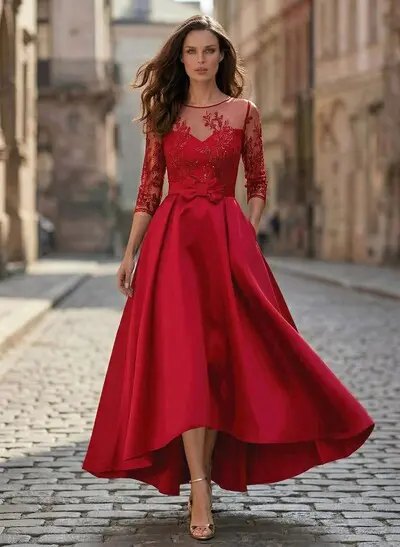 A-Line Illusion Neck Satin Mother Of The Bride Dresses With