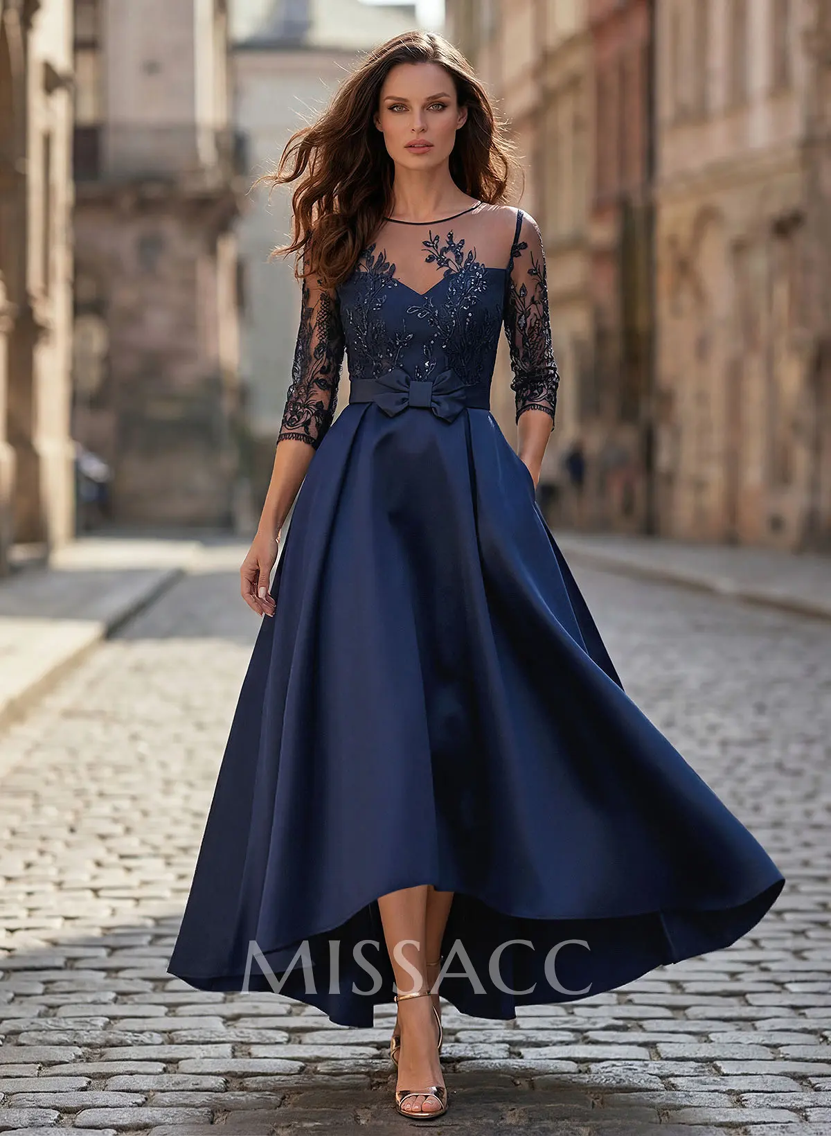 A-Line Illusion Neck Satin Mother Of The Bride Dresses With Appliques Lace - Missacc Australia A-Line Illusion Neck Satin Mother Of The Bride Dresses With Appliques Lace - Missacc Australia