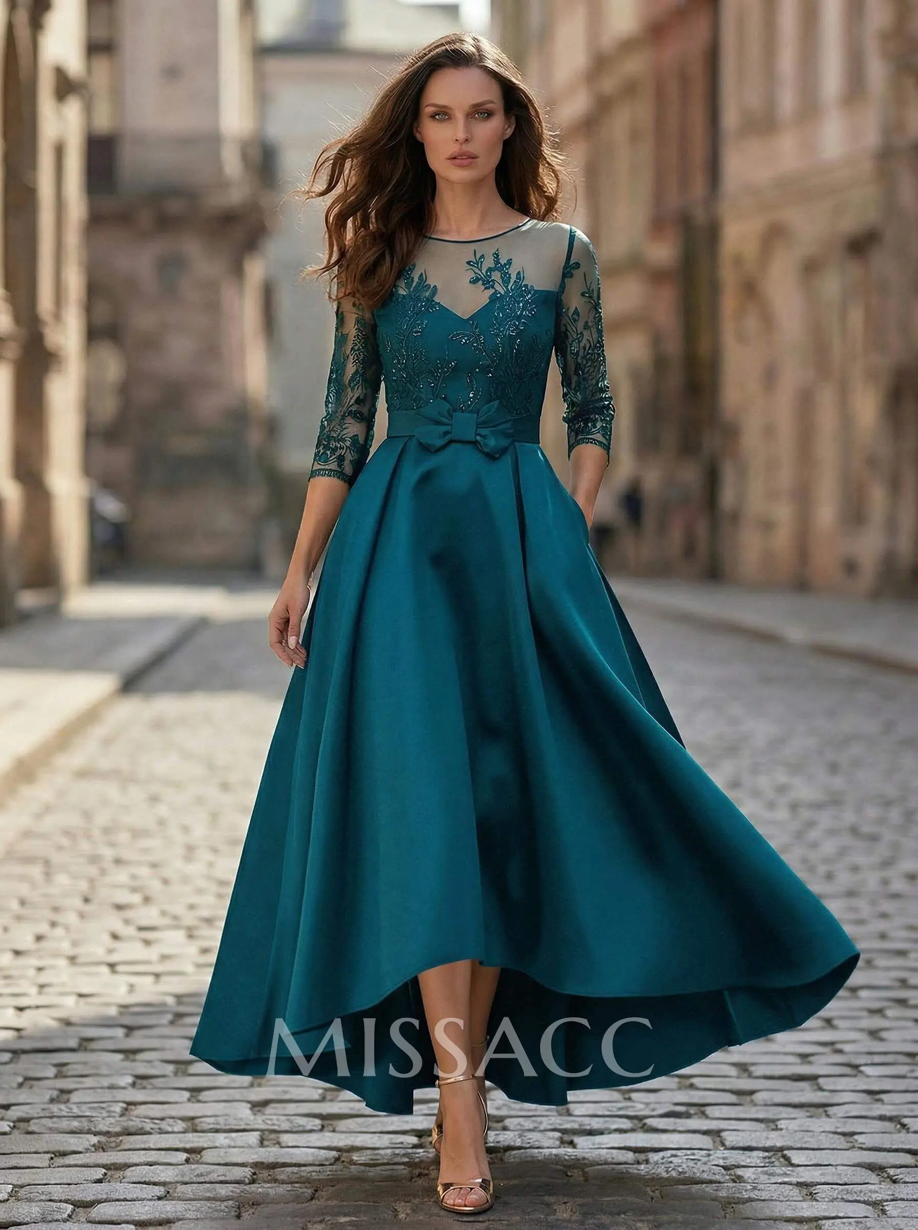 alina formal illusion lace a-line dress ALYCE Paris 62064 Alyce Long Halter Neckline Illusion A Line Dress main image 1