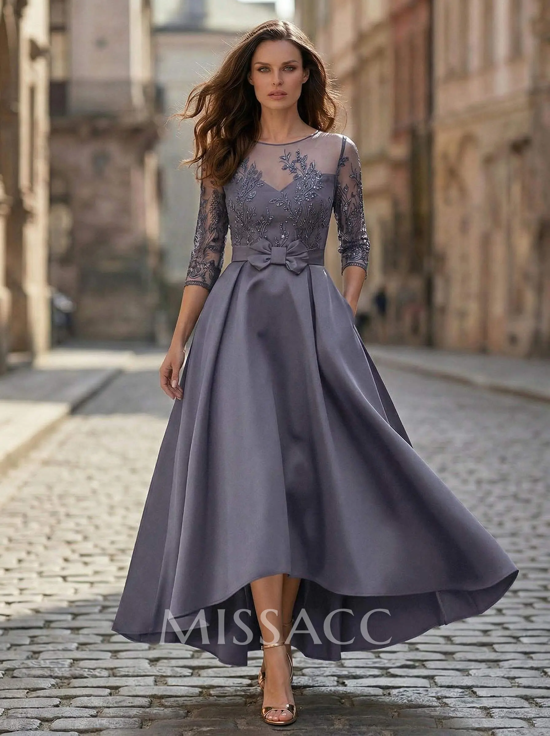 A-Line Illusion Neck Satin Mother Of The Bride Dresses With