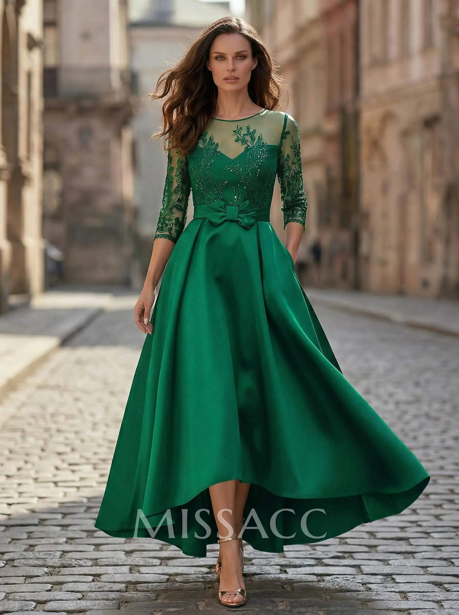 missacc dresses Emerald Mother Of The Bride A-Line Illusion Neck Satin Mother Of The Bride Dresses With Appliques Lace Evening Dresses, Formal Gowns and