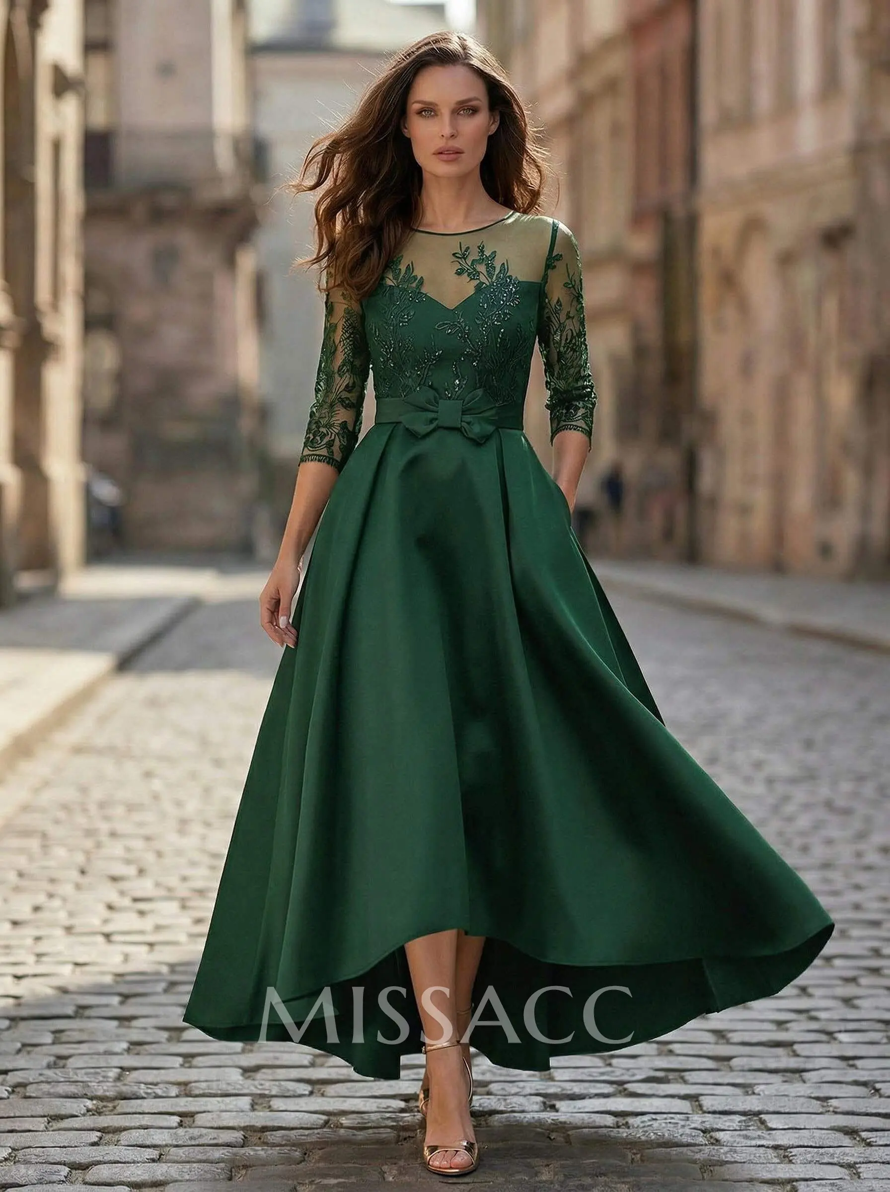 A-Line Illusion Neck Satin Mother Of The Bride Dresses With