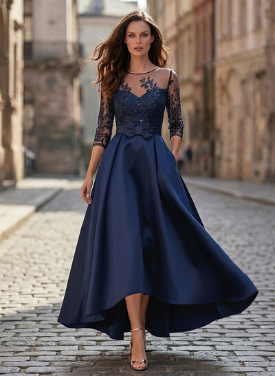 A-Line Cowl/Illusion Neckline 3/4 Sleeve Asymmetrical Satin Mother Of The Bride Dress With Pockets & Lace Appliqués