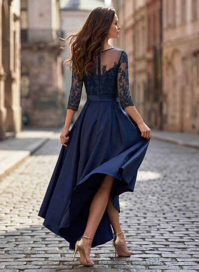 A-Line Cowl/Illusion Neckline 3/4 Sleeve Asymmetrical Satin Mother Of The Bride Dress With Pockets & Lace Appliqués