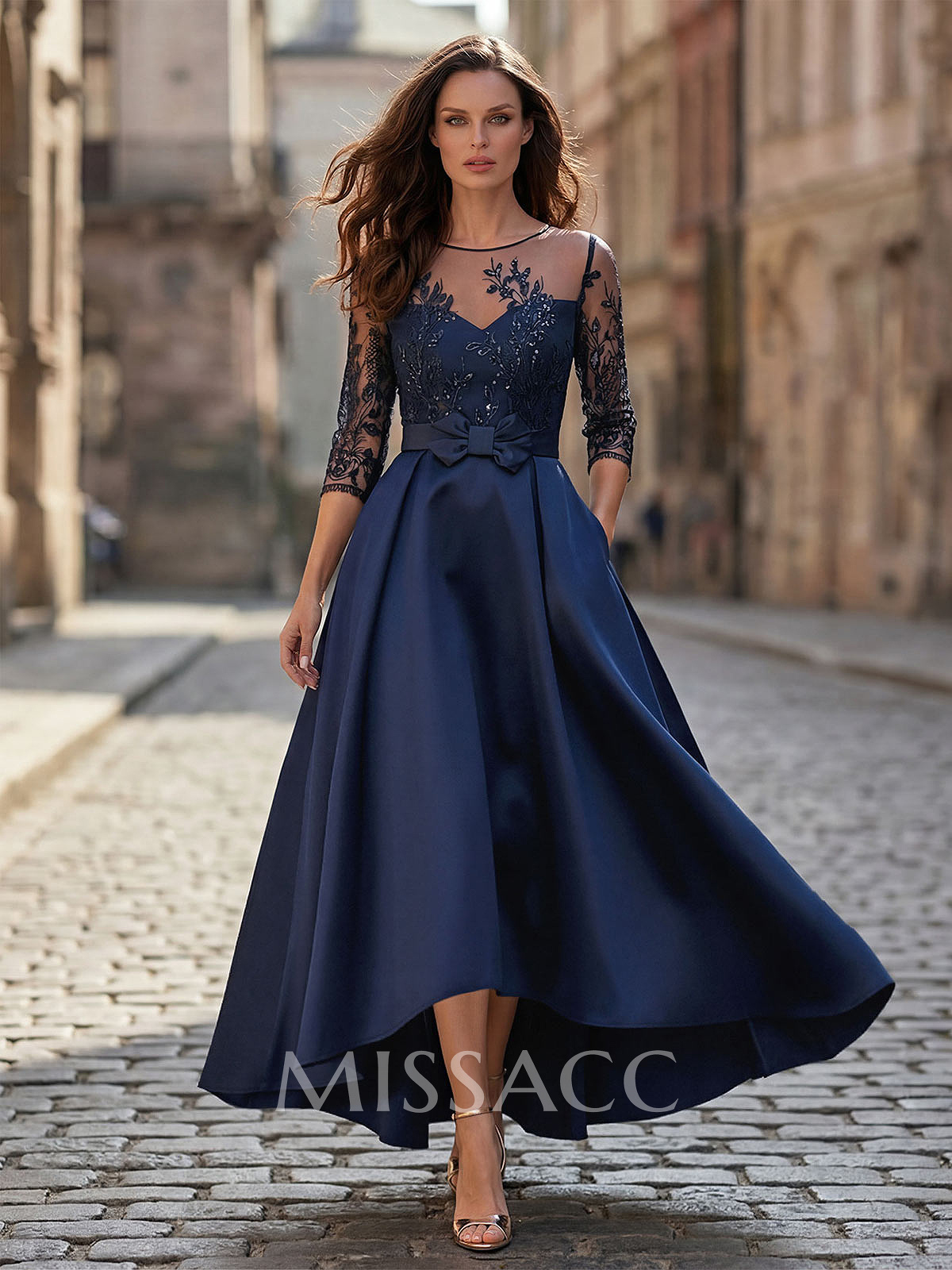 A-Line Cowl Neck/Illusion Neck 3/4 Sleeves Asymmetrical Satin Mother Of The Bride Dresses With Pockets/Appliques Lace A-Line Cowl Neck/Illusion Neck 3/4 Sleeves Asymmetrical Satin Mother Of The Bride Dresses With Pockets/Appliques Lace