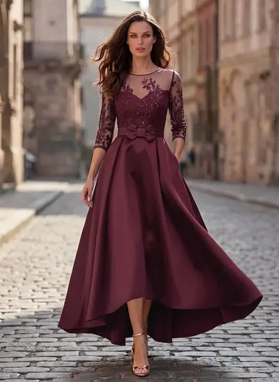 A-Line Cowl Neck/Illusion Neck 3/4 Sleeves Asymmetrical Satin