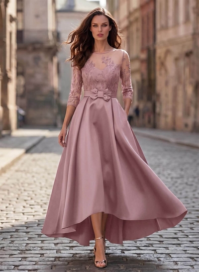 A-Line Cowl Neck/Illusion Neck 3/4 Sleeves Asymmetrical Satin Mother Of The Bride Dresses With Pockets/Appliques Lace