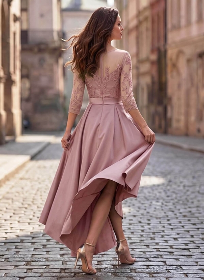 A-Line Cowl Neck/Illusion Neck 3/4 Sleeves Asymmetrical Satin Mother Of The Bride Dresses With Pockets/Appliques Lace