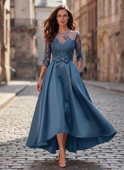 A-Line Cowl Neck/Illusion Neck 3/4 Sleeves Asymmetrical Satin Mother Of The Bride Dresses With Pockets/Appliques Lace