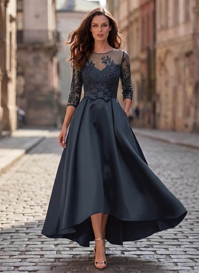A-Line Cowl Neck/Illusion Neck 3/4 Sleeves Asymmetrical Satin Mother Of The Bride Dresses With Pockets/Appliques Lace