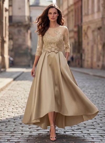 A-Line Cowl/Illusion Neckline 3/4 Sleeve Asymmetrical Satin Mother Of The Bride Dress With Pockets & Lace Appliqués