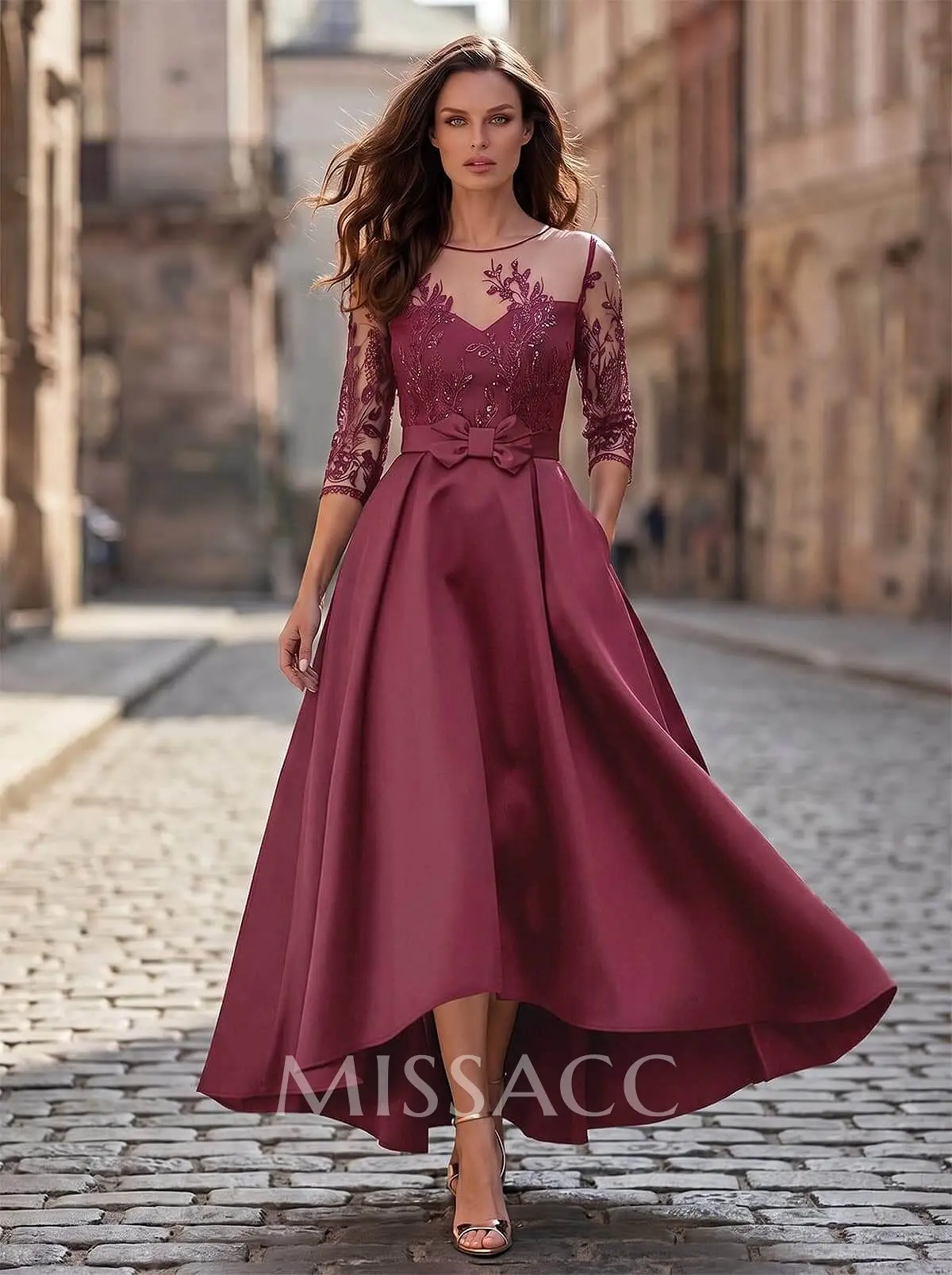 A-Line Cowl Neck/Illusion Neck 3/4 Sleeves Asymmetrical Satin
