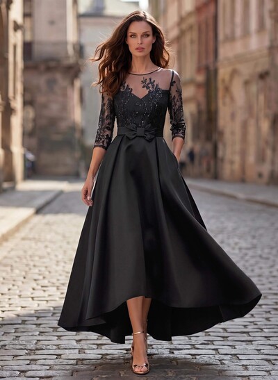 A-Line Cowl/Illusion Neckline 3/4 Sleeve Asymmetrical Satin Mother Of The Bride Dress With Pockets & Lace Appliqués
