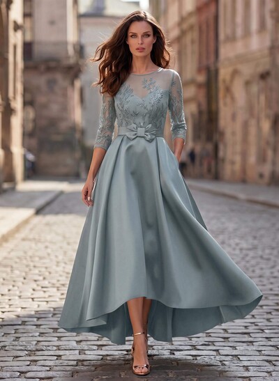 A-Line Cowl Neck/Illusion Neck 3/4 Sleeves Asymmetrical Satin Mother Of The Bride Dresses With Pockets/Appliques Lace