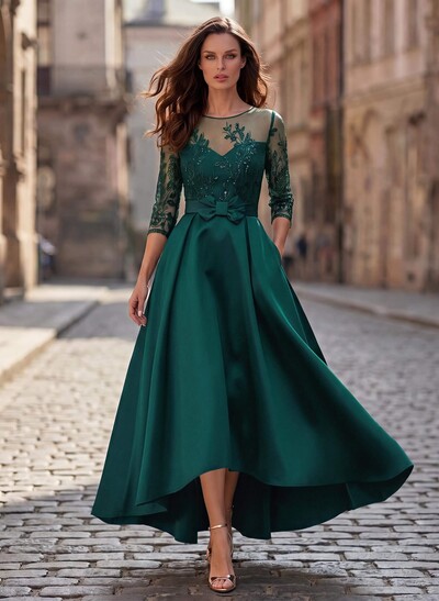 A-Line Cowl Neck/Illusion Neck 3/4 Sleeves Asymmetrical Satin Mother Of The Bride Dresses With Pockets/Appliques Lace
