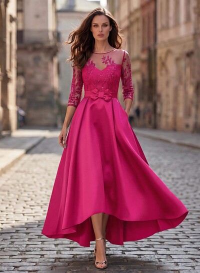 A-Line Cowl Neck/Illusion Neck 3/4 Sleeves Asymmetrical Satin Mother Of The Bride Dresses With Pockets/Appliques Lace