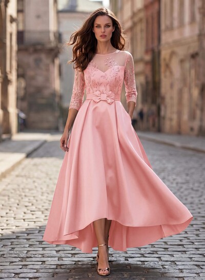 A-Line Cowl Neck/Illusion Neck 3/4 Sleeves Asymmetrical Satin Mother Of The Bride Dresses With Pockets/Appliques Lace