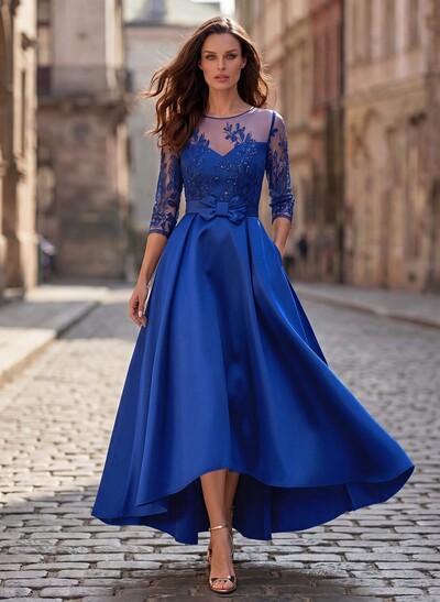 A-Line Cowl Neck/Illusion Neck 3/4 Sleeves Asymmetrical Satin Mother Of The Bride Dresses With Pockets/Appliques Lace