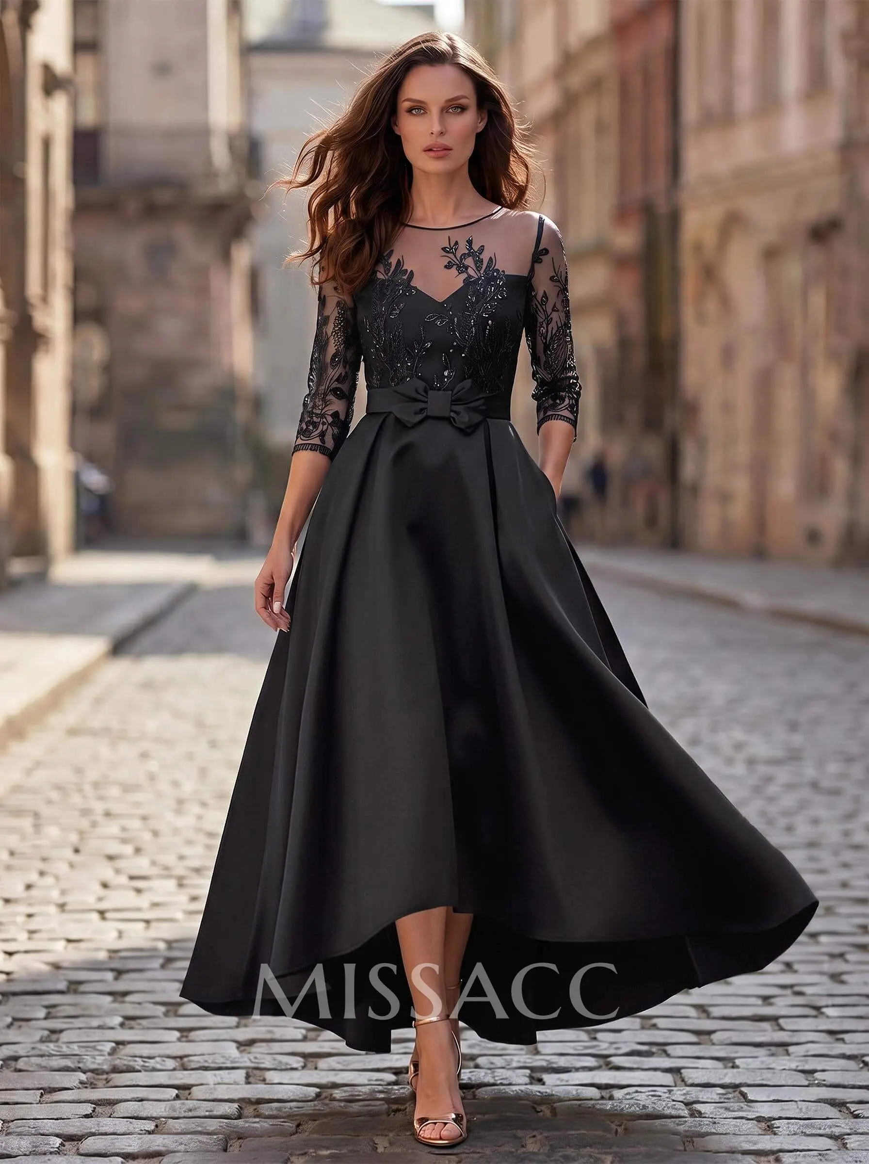 A-Line Cowl Neck/Illusion Neck 3/4 Sleeves Asymmetrical Satin