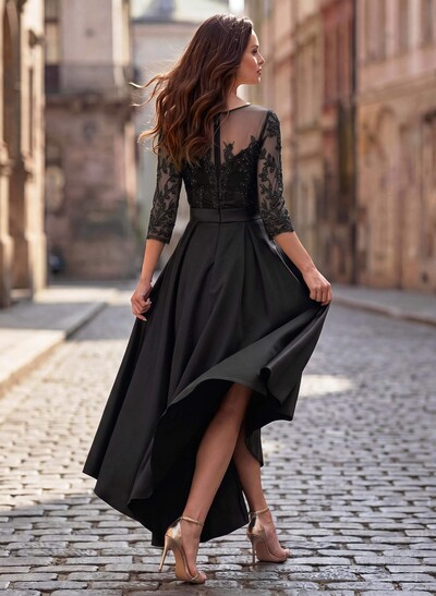 A-Line Cowl/Illusion Neckline 3/4 Sleeve Asymmetrical Satin Mother Of The Bride Dress With Pockets & Lace Appliqués