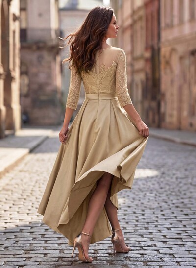 A-Line Cowl/Illusion Neckline 3/4 Sleeve Asymmetrical Satin Mother Of The Bride Dress With Pockets & Lace Appliqués