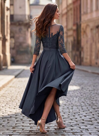 A-Line Cowl Neck/Illusion Neck 3/4 Sleeves Asymmetrical Satin Mother Of The Bride Dresses With Pockets/Appliques Lace