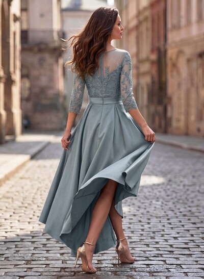 A-Line Cowl Neck/Illusion Neck 3/4 Sleeves Asymmetrical Satin Mother Of The Bride Dresses With Pockets/Appliques Lace
