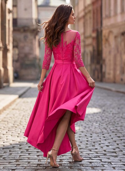 A-Line Cowl Neck/Illusion Neck 3/4 Sleeves Asymmetrical Satin Mother Of The Bride Dresses With Pockets/Appliques Lace