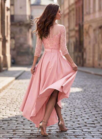 A-Line Cowl Neck/Illusion Neck 3/4 Sleeves Asymmetrical Satin Mother Of The Bride Dresses With Pockets/Appliques Lace