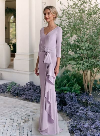 Sheath/Column V-Neck Satin Chiffon Mother Of The Bride Dresses With Ruffle