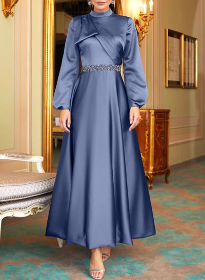 A-Line High Neck Long Sleeves Ankle-Length Satin Mother Of The Bride Dresses