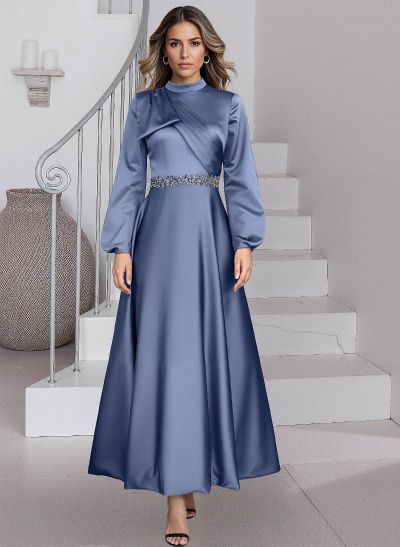 A-Line High Neck Long Sleeves Ankle-Length Satin Mother Of The Bride Dresses