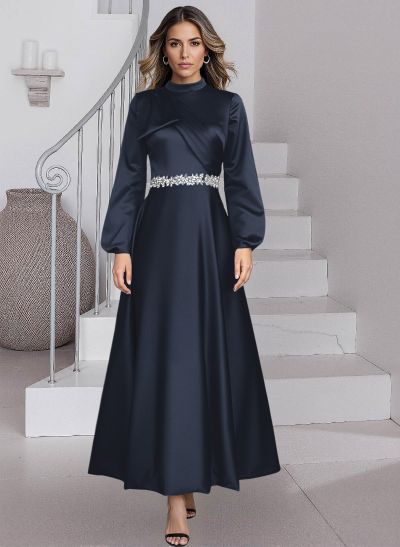 A-Line High Neck Long Sleeves Ankle-Length Satin Mother Of The Bride Dresses
