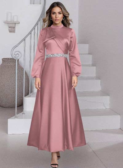 A-Line High Neck Long Sleeves Ankle-Length Satin Mother Of The Bride Dresses
