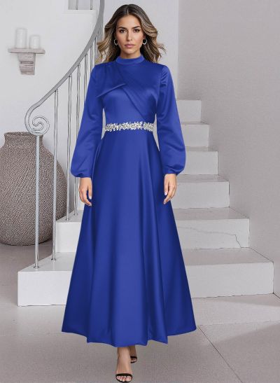 A-Line High Neck Long Sleeves Ankle-Length Satin Mother Of The Bride Dresses