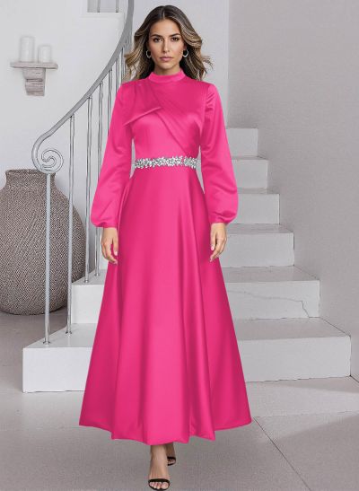 A-Line High Neck Long Sleeves Ankle-Length Satin Mother Of The Bride Dresses