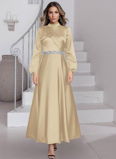A-Line High Neck Long Sleeves Ankle-Length Satin Mother Of The Bride Dresses