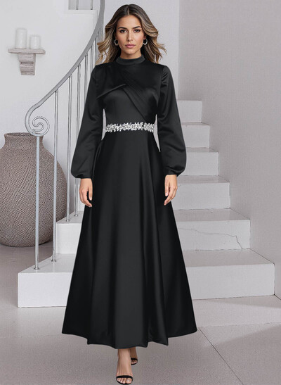 A-Line High Neck Long Sleeves Ankle-Length Satin Mother Of The Bride Dresses