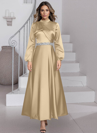 A-Line High Neck Long Sleeves Ankle-Length Satin Mother Of The Bride Dresses