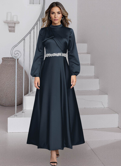 A-Line High Neck Long Sleeves Ankle-Length Satin Mother Of The Bride Dresses