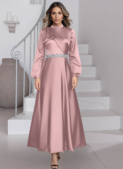 A-Line High Neck Long Sleeves Ankle-Length Satin Mother Of The Bride Dresses