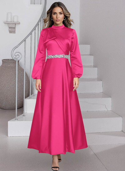 A-Line High Neck Long Sleeves Ankle-Length Satin Mother Of The Bride Dresses