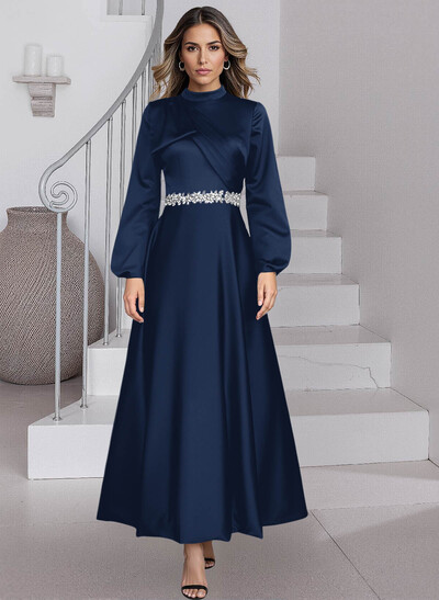 A-Line High Neck Long Sleeves Ankle-Length Satin Mother Of The Bride Dresses