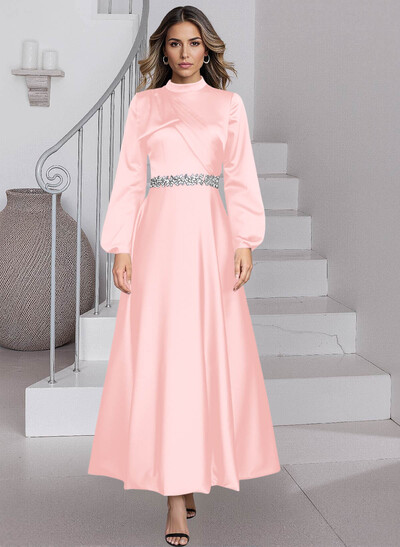 A-Line High Neck Long Sleeves Ankle-Length Satin Mother Of The Bride Dresses