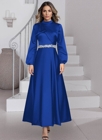 A-Line High Neck Long Sleeves Ankle-Length Satin Mother Of The Bride Dresses