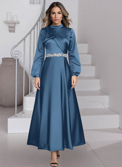 A-Line High Neck Long Sleeves Ankle-Length Satin Mother Of The Bride Dresses