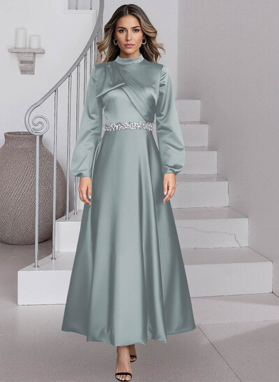 A-Line High Neck Long Sleeves Ankle-Length Satin Mother Of The Bride Dresses