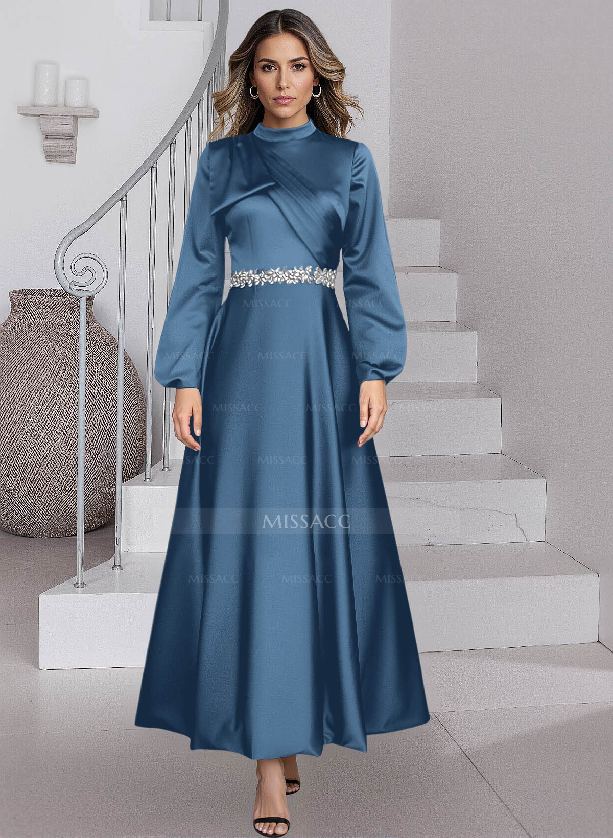 A-Line High Neck Long Sleeves Ankle-Length Satin Mother Of The Bride Dresses