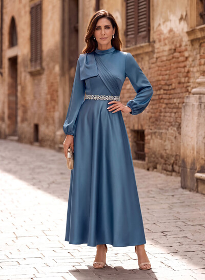 A-Line High Neck Long Sleeves Ankle-Length Satin Mother Of The Bride Dresses